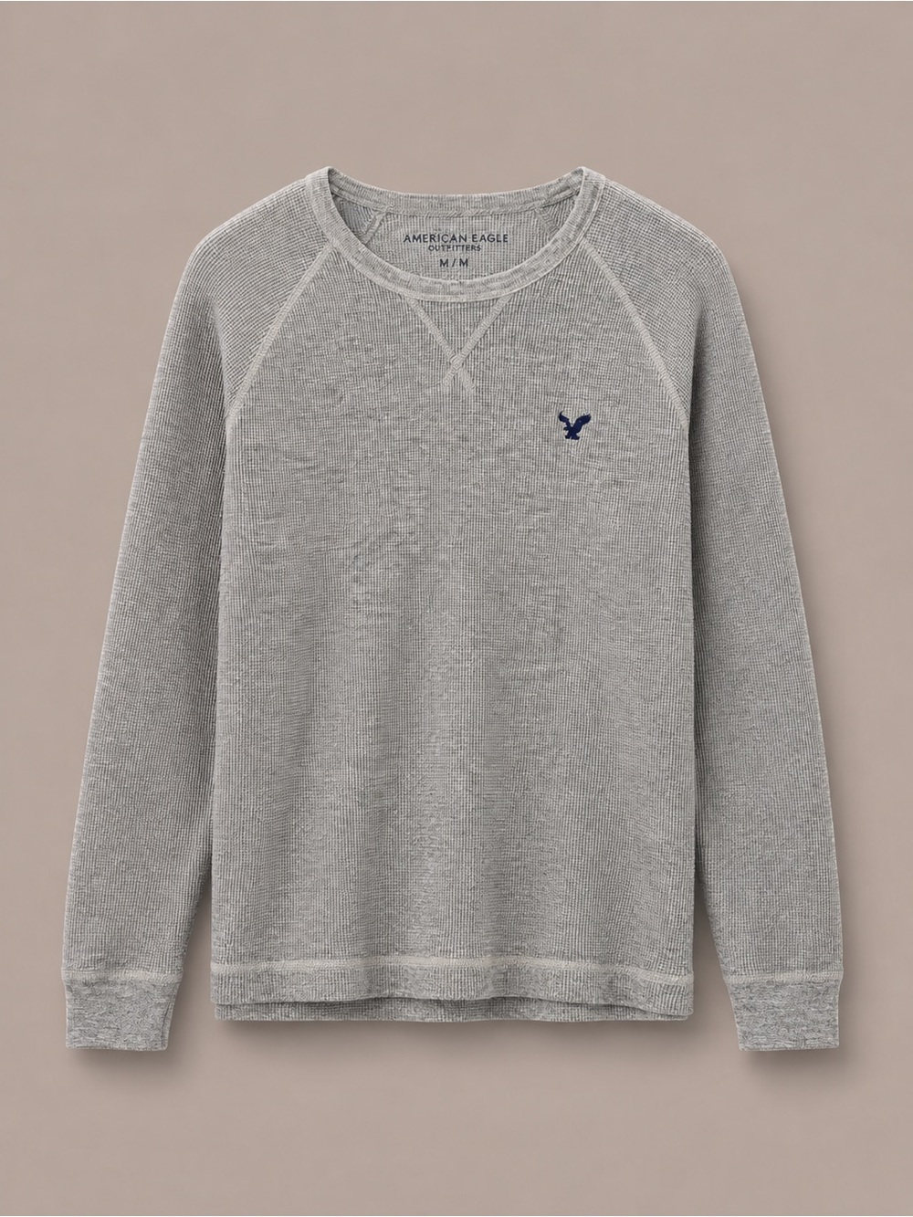 American Eagle Outfitters Light Gray Crewneck Thermal Sweatshirt with Navy Logo